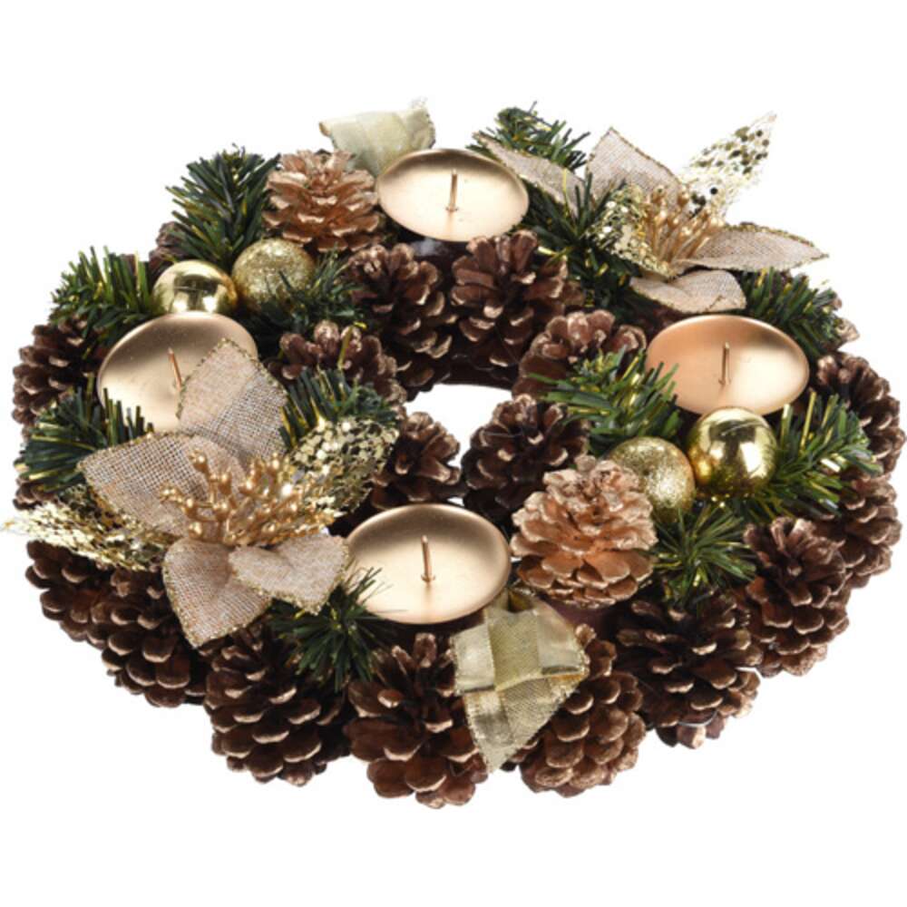Adventskrans med Gyldne Kogler og 4 Lysestager i Guld