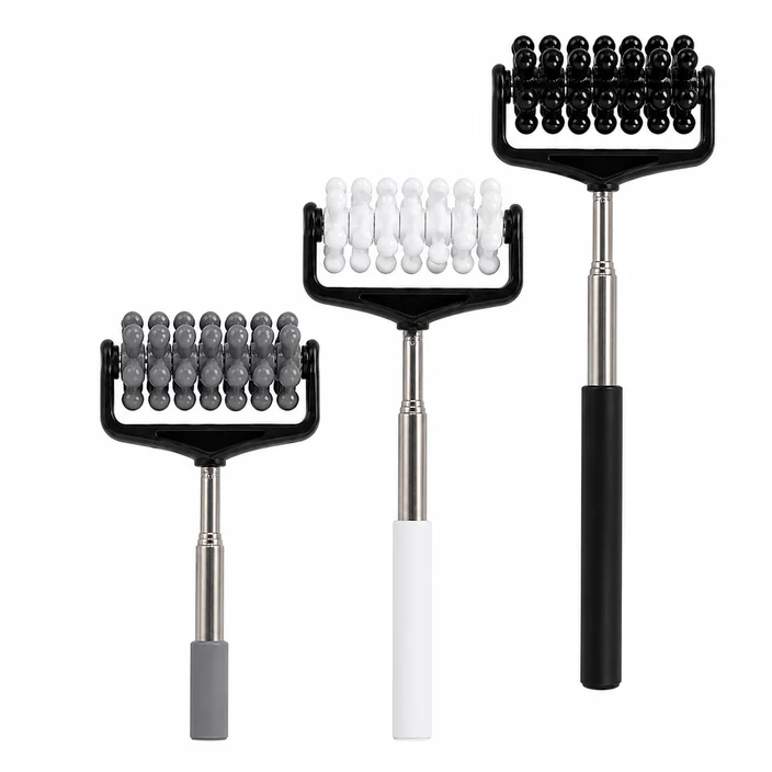 Massasjerulle med gummibelagt håndtak og teleskopstang